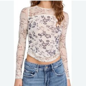 Free People White Blue Gray Floral Bettys Garden Sheer Long-Sleeve Top large new